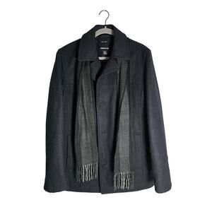 Claiborne Men's Pea Coat Medium Charcoal Wool Blend Scarf Minimalist Winter Warm